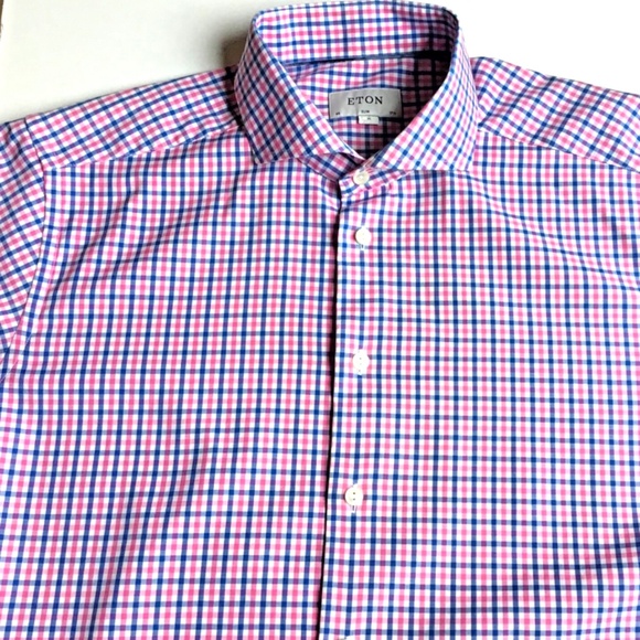 ETON Slim, pinkish red & blue checkered dressy cotton shirt Sz 17.5 /44 - Picture 5 of 10